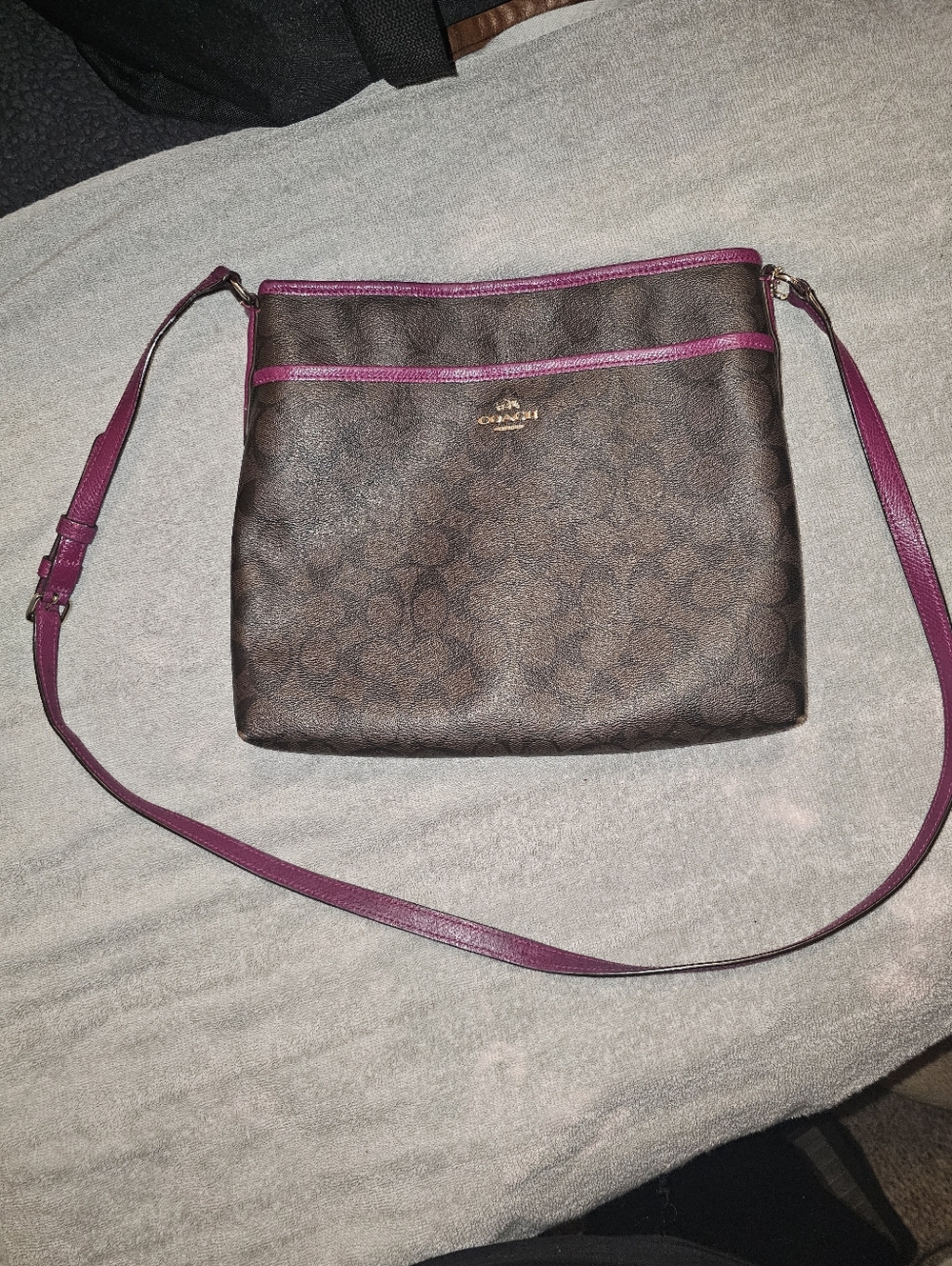 Coach Brown Signature Crossbody with Plum Trim - Picture 2 of 8